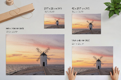 Poster till sovrum Väderkvarn i solnedgångsljuset, havet, pastellhimmel
