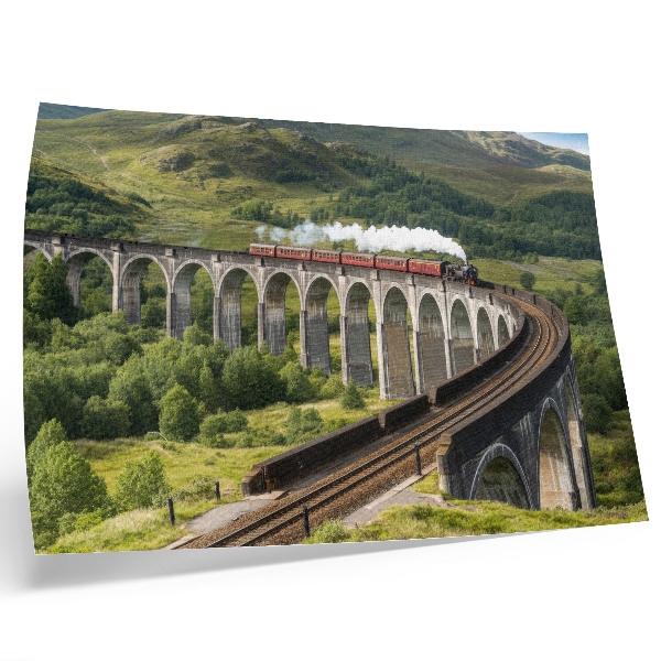Väggposter En viadukt med ett tåg bland gröna kullar