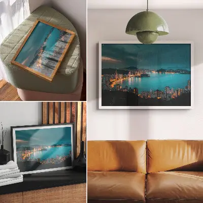 Väggposter nattutsikt över stad och vatten med lysande skyskrapor