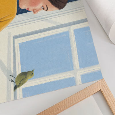 Väggposter Kvinna i en gul skjorta med en fågel på fönsterbrädan