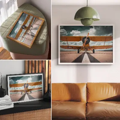 Poster flygplan på en dynamisk himmel vid landningsbanan