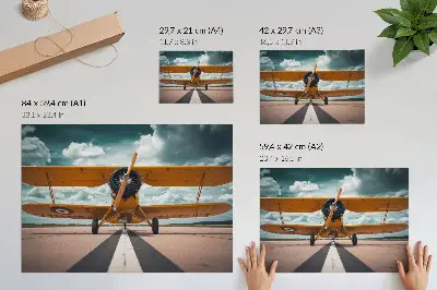 Poster flygplan på en dynamisk himmel vid landningsbanan