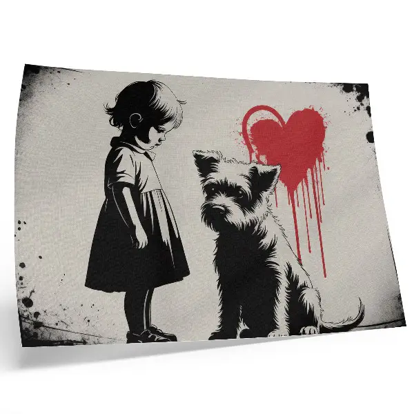 Väggposter monokrom flicka med hund och hjärta