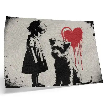 Väggposter monokrom flicka med hund och hjärta