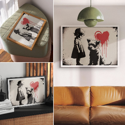 Väggposter Monokrom flicka hund hjärta