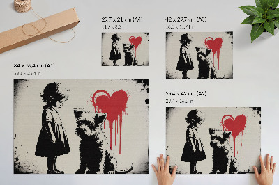 Väggposter Monokrom flicka hund hjärta