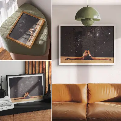 Poster surrealistisk figur under en stjärnklar himmel