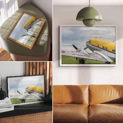 Väggposter med ett klassiskt flygmotiv i gult, grått och blått