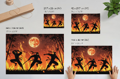 Poster Energisk nattscen med ninjor och lågor