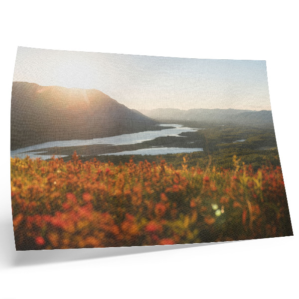 Väggposter Blommor, berg, flod, solnedgång, fridfull atmosfär