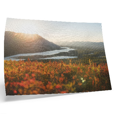 Väggposter Blommor, berg, flod, solnedgång, fridfull atmosfär