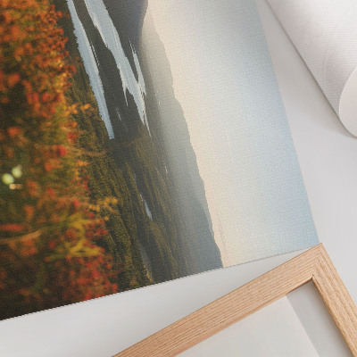 Väggposter Blommor, berg, flod, solnedgång, fridfull atmosfär