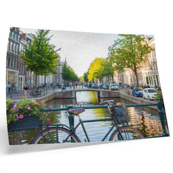 Stilren väggposter Kanal, bro, träd, byggnader, cykel, blommor