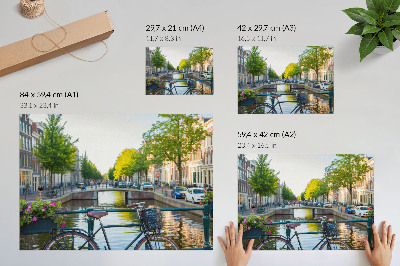 Stilren väggposter Kanal, bro, träd, byggnader, cykel, blommor
