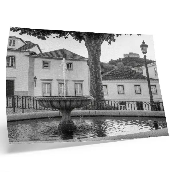 Poster till sovrum svartvitt motiv av en fontän med klassiska byggnader och slott