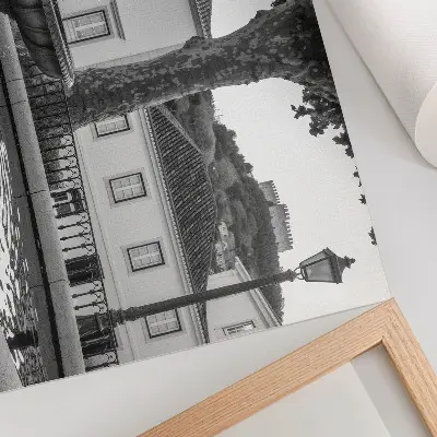 Poster till sovrum svartvitt motiv av en fontän med klassiska byggnader och slott