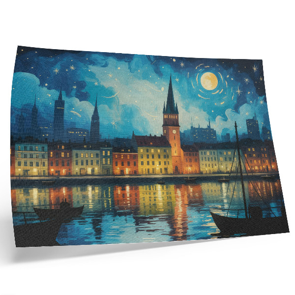 Stilren väggposter Nattstadens reflektioner vattenlampa glöd
