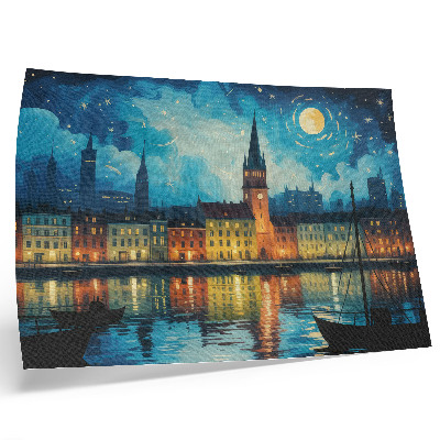 Stilren väggposter Nattstadens reflektioner vattenlampa glöd