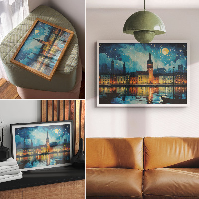 Stilren väggposter Nattstadens reflektioner vattenlampa glöd
