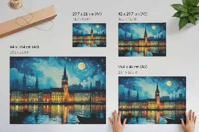 Stilren väggposter med motiv av nattstadens reflektioner i en vattenlampa