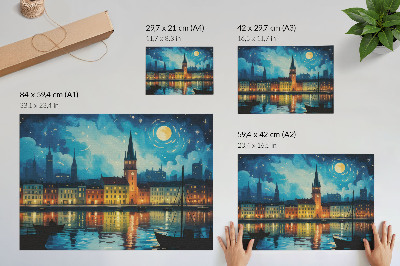 Stilren väggposter Nattstadens reflektioner vattenlampa glöd
