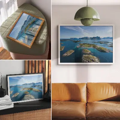 Poster öar med berg, blå himmel och grön vegetation
