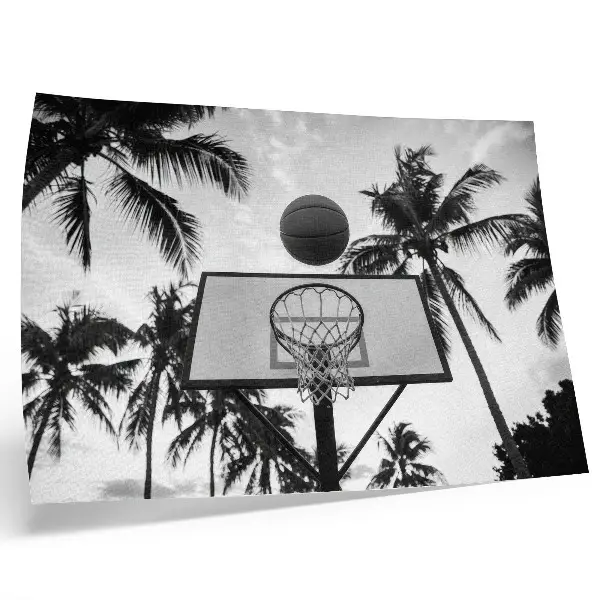 Väggposter basketkorg bland palmer med svartvit bakgrund