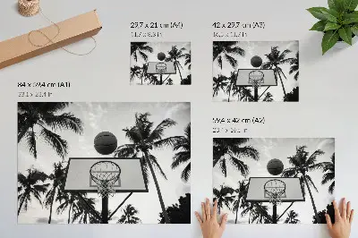 Väggposter basketkorg bland palmer med svartvit bakgrund