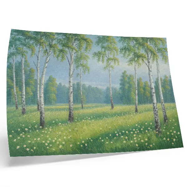Poster majestätiska björkträd med gröna ängsblommor