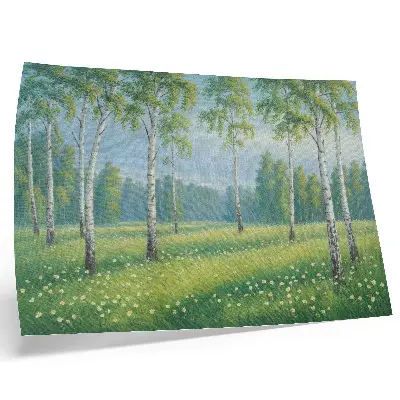 Poster majestätiska björkträd med gröna ängsblommor