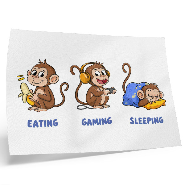 Väggposter Roliga illustrationer av en apa som äter, leker och sover