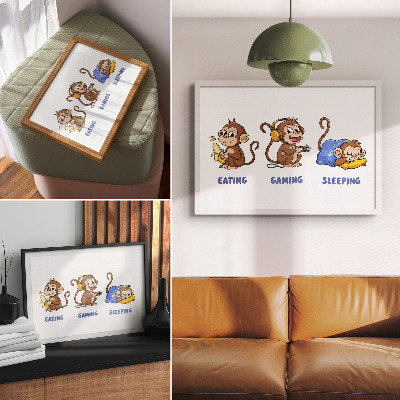 Väggposter Roliga illustrationer av en apa som äter, leker och sover