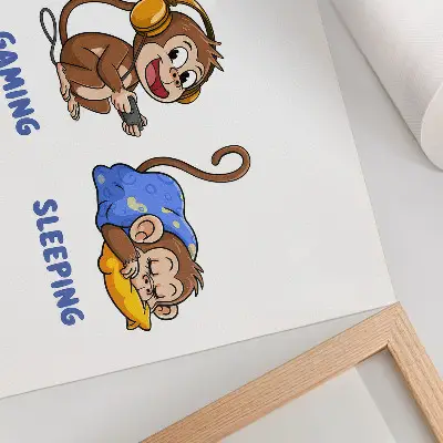 Väggposter med roliga illustrationer av en apa som äter, leker och sover