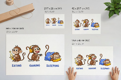 Väggposter Roliga illustrationer av en apa som äter, leker och sover