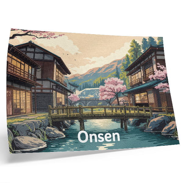 Poster Landskap med japansk arkitektur och körsbärsträd