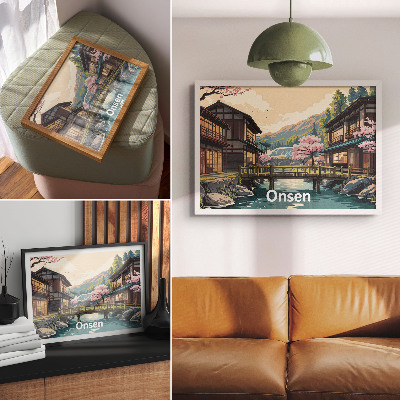 Poster Landskap med japansk arkitektur och körsbärsträd