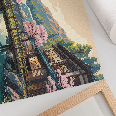 Poster Landskap med japansk arkitektur och körsbärsträd