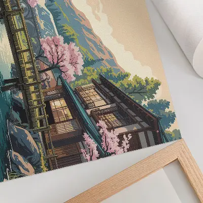 Poster med landskap föreställande japansk arkitektur och körsbärsträd
