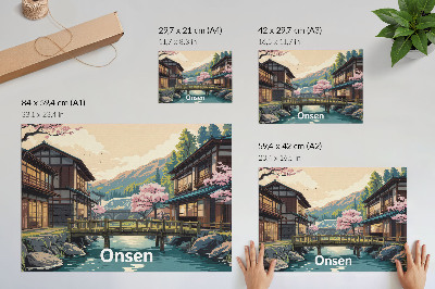 Poster Landskap med japansk arkitektur och körsbärsträd