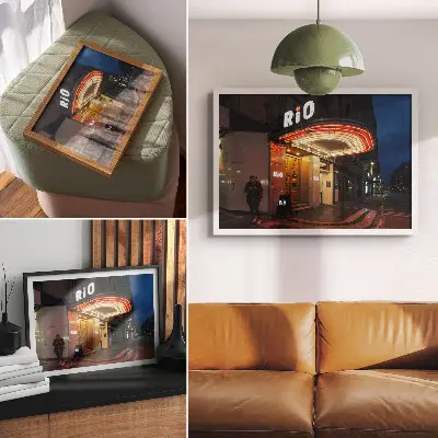 Väggposter retro bio neonljus i röd kräm