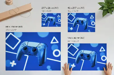 Poster till sovrum spelkontroll med blå geometrisk bakgrund