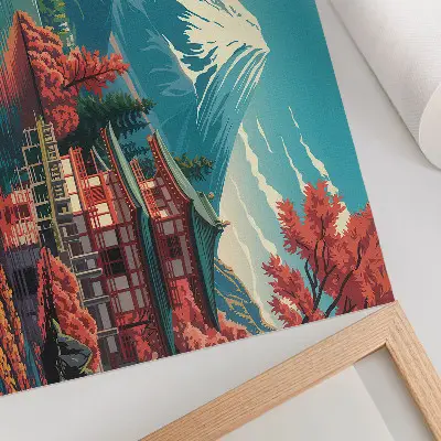 Poster färgglatt japanskt landskapsmotiv med sjö och berg