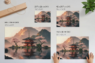 Poster Orientalisk byggnad berg sjö körsbär harmoni