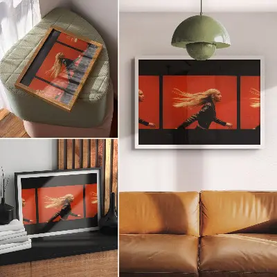 Poster till sovrum tre skott av löpning med röd bakgrund och modern energi