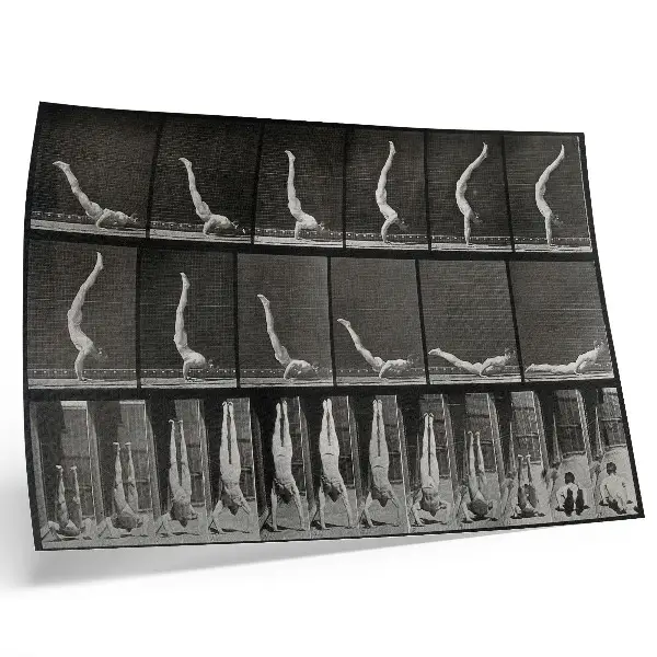 Poster en man som står på händer från ryggläge, fototyp efter Eadweard Muybridge 1887