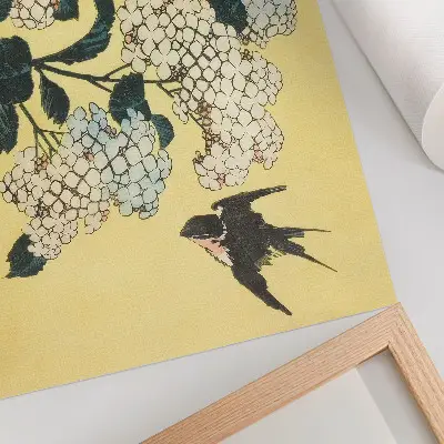 Poster Hortensia och svalan (1833) – ett färgträsnitt av Hokusai