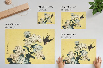 Poster Hortensia och svalan (1833) – ett träsnitt i färg av Hokusai