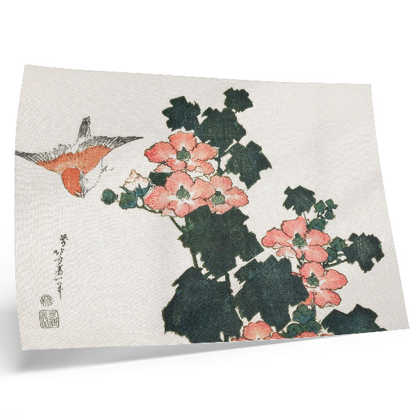 Poster till sovrum Röda rosor och en fågel av Katsushiki Hokusai (1760–1849), japanskt träblockstryck i vintagestil