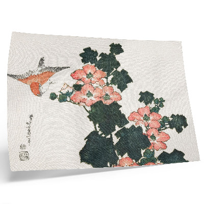 Poster till sovrum Röda rosor och en fågel av Katsushiki Hokusai (1760–1849), japanskt träblockstryck i vintagestil