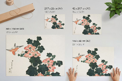 Poster till sovrum Röda rosor och en fågel av Katsushiki Hokusai (1760–1849), japanskt träblockstryck i vintagestil